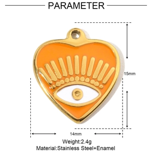 Detailed view of an orange enamel heart pendant with eye motif and 15mm size dimensions