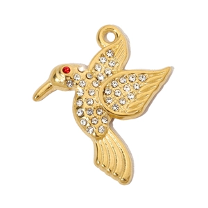 Detail of hummingbird pendant featuring gold metal base and sparkling white rhinestones