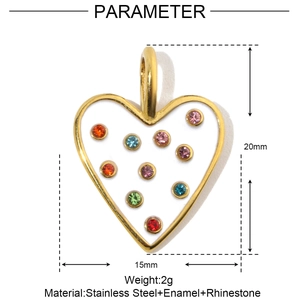 Detailed dimensions of gold stainless steel heart pendant with colorful rhinestones