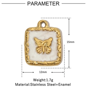 Detail of square gold butterfly pendant with white enamel inlay and size dimensions