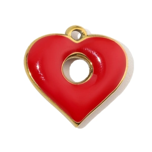 Macro detail of red enamel heart pendant with golden trim and DIY metal ring