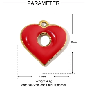 Detail view of 18mm red heart pendant in stainless steel with enamel finish and size data