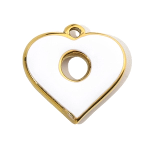 Detail showing a white enamel heart pendant with golden metal border and center hole