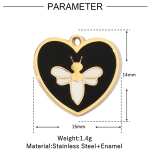 Detailed view of heart-shaped gold-plated bee pendant with black enamel finish