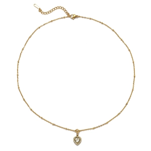 Detailed close-up of a golden stainless steel heart pendant necklace with zircon border