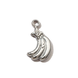Detailed view of silver banana pendant with a smiling face and a sparkling zircon stone