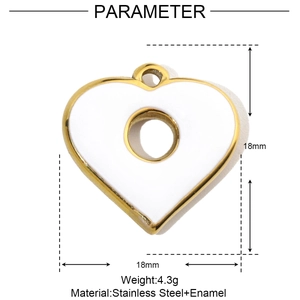 Macro detail of white enamel heart pendant showing dimensions of 18mm in stainless steel