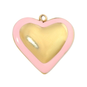 Close-up of heart-shaped gold-plated pendant with pink enamel border and mirror finish
