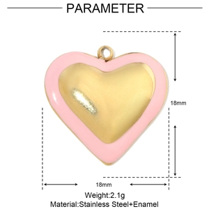 Detailed view of pink heart enamel pendant specifications with 18mm diameter size guide