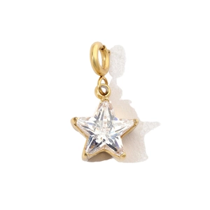 Detailed view of a gold star pendant featuring a clear star-cut cubic zirconia stone