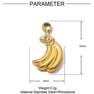Technical dimensions of a gold banana pendant with rhinestone in stainless steel