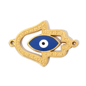 Detailed close-up of golden Hamsa Hand charm with blue Evil Eye design and beaded texture