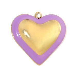 Close-up of a 3D heart-shaped pendant with gold mirror finish and lilac purple enamel border