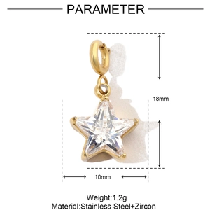 Macro view of gold-plated stainless steel star pendant with cubic zirconia and dimensions