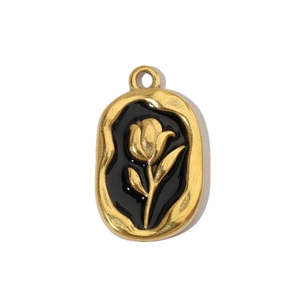 Macro view of French vintage tulip oval pendant with lava texture and black enamel