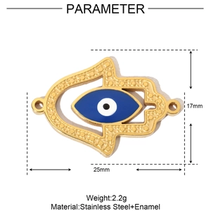 Detailed view of golden Hamsa Hand pendant with blue enamel Evil Eye and size metrics
