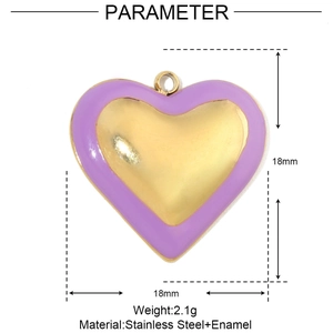 Detail showing 18mm heart pendant dimensions and stainless steel enamel material specs
