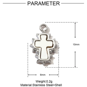 Technical dimensions of a stainless steel cross pendant with white shell inlay, 10x6mm
