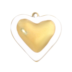 Detail of a white heart-shaped enamel pendant with a gold metal base and top hanging ring