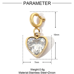 Technical dimensions of heart-shaped stainless steel pendant with zircon inlay