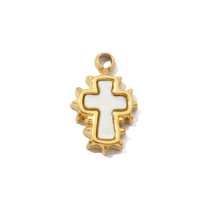 Macro view of a gold-plated titanium cross pendant featuring a white enamel center inlay