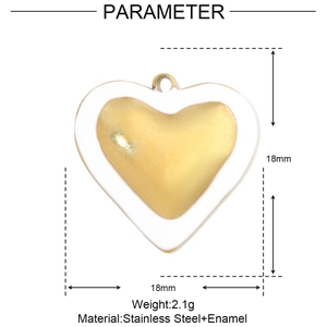 Detailed parameter diagram for heart pendant showing 18mm size and stainless steel material