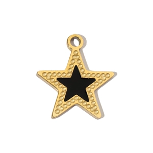 Detail of a vintage-style gold-plated star pendant with black enamel inlay and beaded border