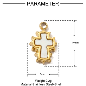 Detailed view of 10mm golden stainless steel cross pendant with white shell inlay
