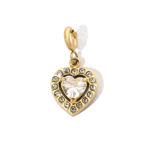 Macro detail of heart-shaped gold pendant featuring a large zircon and micro-pave crystals