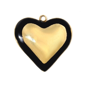 Detail shot of heart-shaped pendant with black enamel inlay and gold metallic center