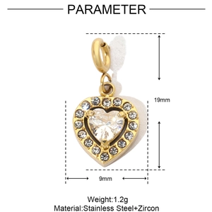 Detailed view of gold heart pendant in stainless steel with zircon inlay and dimensions