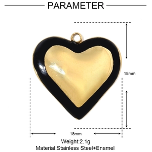 Macro view of 18mm heart pendant with black enamel edge and dimensions information