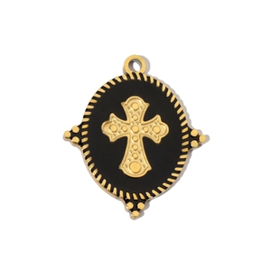 Detailed view of vintage gold and black oval pendant with embossed cross and rope texture
