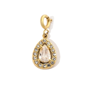 Detail of gold teardrop pendant with pear-shaped zircon and small round crystals