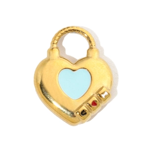 Close-up of golden heart lock pendant with light blue inlay and C-Heart-H engraving