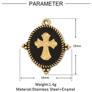 Detailed view of 19mm x 16mm black enamel cross pendant in gold stainless steel