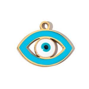 Detail showing gold-plated evil eye pendant with blue enamel for DIY jewelry making