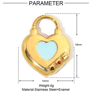 Detailed view of gold stainless steel heart lock pendant with blue enamel and dimensions