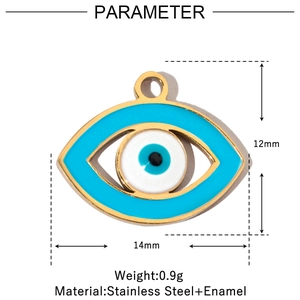 Macro view of gold-plated evil eye pendant with blue enamel and dimensions 14mm x 12mm