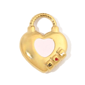 Detail of gold heart padlock pendant with white enamel and U-heart-U engraving