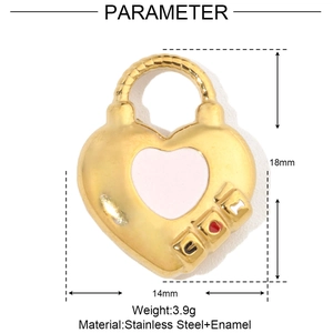 Technical dimensions of the gold stainless steel heart lock pendant with white enamel inlay