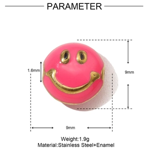 Detail of 9mm pink enamel smiley face charm in stainless steel with size and weight specs