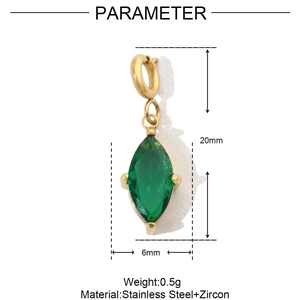 Macro detail of a 20mm green marquise zircon pendant with a golden stainless steel bezel