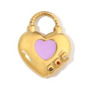 Detail of heart-shaped gold padlock pendant with purple enamel and I love you engraving