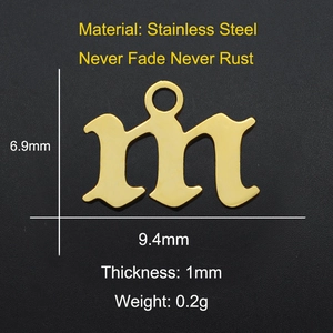 Gold plated stainless steel letter M pendant for DIY jewelry, 6.9mm by 9.4mm size