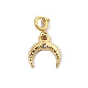 Macro shot of gold crescent moon pendant with hammered texture and zircon stone