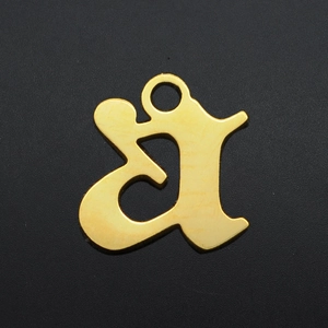 Detailed view of a gold-plated stainless steel lowercase letter 'a' pendant charm