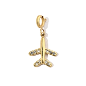 Detail of a golden airplane pendant with sparkling zircons and a spring clasp closure