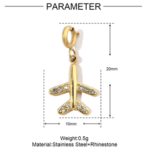 Detailed specs of a 20x10mm gold airplane charm with zircons in stainless steel