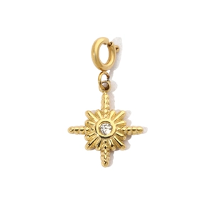 Detailed close-up of a gold starburst pendant with a sparkling central cubic zirconia stone